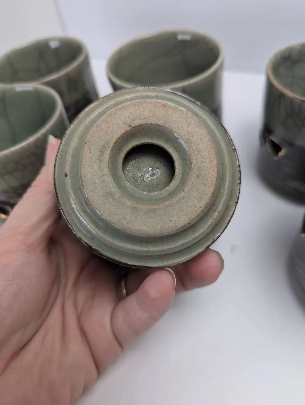 Vintage Somayaki Japanese Tea Cups Set of 6  Crackle Celadon Double Walled Horse